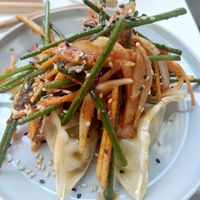 Tofu veg mandu: Pan-fried Korean dumplings (3pcs.) with buchu (chive) kimchi at Picniq in Antwerpen