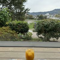 Tomato pizza, almond milk latte and orange juice  at Cafe Planet in Kyoto