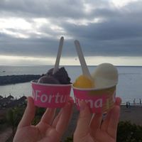 2 scoop dark chocolate (left) 1 scoops mango & 1 scoop lemon (right) at Gelato Fortuna in Tenerife