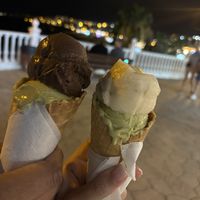 Chocolate and pistachio & Banana and pistachio waffle cones  at Gelato Fortuna in Tenerife