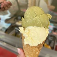 Vanilla no sugar and pistachio (Vanilla is extra creamy ice cream, lovely !)  at Gelato Fortuna in Tenerife