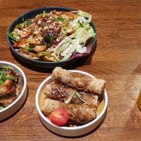 2 appetizers and one main dish, plus mango shake at Mon in Berlin