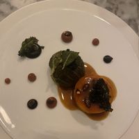 Pumpkin, savoy cabbage, black garlic, quince  at Restaurant 22 in Cambridge