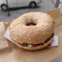 Pesto bagel at Muterem Kavezo in Budapest