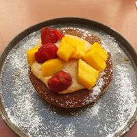 Vegan pancakes with peanut butter. Too chewy and dry. at KOA in Caparica