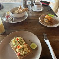 Scrambled tofu, pancakes, bread basket   at THE SLOW in Mirissa