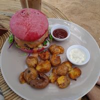 Bean burger and potatoes at The Slow in Mirissa
