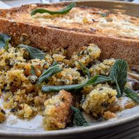 Sage & onion stuffing, wild mushrooms, Jerusalem artichoke puree, fried sage leaves and sourdough  at Homeground Coffee & Kitchen in Windermere