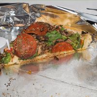 All vegan pizza: pan bread, cheese, sauce, pepperoni, mushroom and spinach. at Valeo's in Kenosha