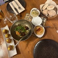 croquetas, falafel, hummus & eggplant dip  at Ziryab in Barcelona