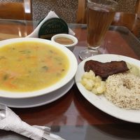 Menú del día (Chupe de caigua, bisteck a la parrilla con postre y refresco) at Nutri Natural  in Lima