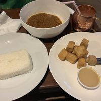 Crispy tofu with local peanut dip, and local lentil stew with rice  at The Sleeping Camel in Bamako