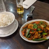 Mains. Asahi beer vegan too at Mews Thai in Poulton-le-fylde