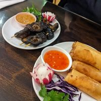 Spring rolls and mushroom Satay. at Mews Thai in Poulton-le-fylde