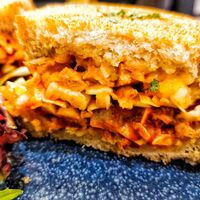 Texture of the grilled cheese kimchi sandwich at Am I Addicted in Central Singapore