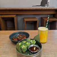 bbq cauliflower, mango summer rolls, mango lassi at LaVietnamita in Barcelona