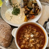 Tomato soup, baked potato with vegetables (sauce is not vegan!)  at Rotkogelhütte in Soelden