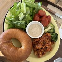 Vegan chili open bagel sandwich plate   at Vegan Mama in Seoul