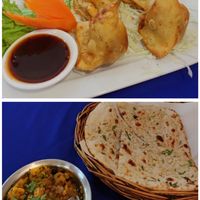 Vegetable samosas (top) and aloo gobi with naan bread at Kohinoor in Krabi