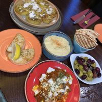From the top down - Adonis mountain potatoes, halloumi, hummus and pitta, olives, boorekakia  at The Old Yard Tapas Bar in Darlington