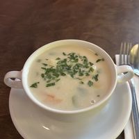 Karfiol Cremesuppe and Erdäpfelgulasch mit Vratwurst 14,50€  at Naturlich Wrenkh in Vienna