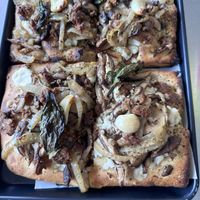 Fungi pizza with vegan sausage and vegan cheese.   at Emma Hearth & Market in Bridgman