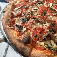 Vegan pizza with cheese, pesto, mushrooms   at Apizza! in New Paltz