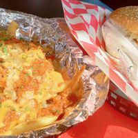 Chili cheese fries and tobacco road burger at Romeo's Vegan Burgers in Charlotte