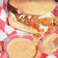 Tobacco road burger and house sauce at Romeo's Vegan Burgers in Charlotte