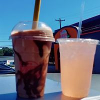 chocolate milkshake and strawberry lemonade at Romeo's Vegan Burgers in Charlotte