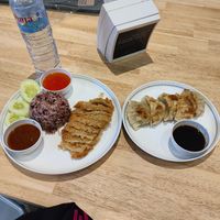 Crispy tofu w/ red rice & gyoza at Talalaks  in Bangkok
