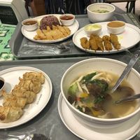 Clear soup, soy sate, steamed rice and gyoza  at Talalaks  in Bangkok