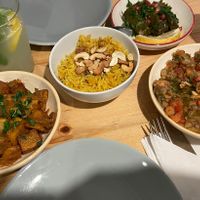 Rice in wine leaves, rice, potatoes, baba ganoush  at Mezze in Lisbon