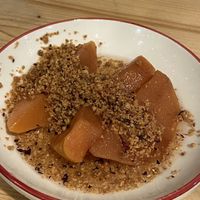 Dessert of pear and rose in syrup   at Mezze in Lisbon