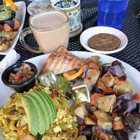 Tofu scramble with vegan Patty and oat milk pumpkin spice latte at Secret Garden Cafe in Sedona