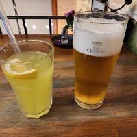 Ginger housemade lemonade and a draft beer at VegANGELov  in Belgrade