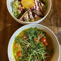 Salad and ramen in carrot soup   at VegANGELov  in Belgrade