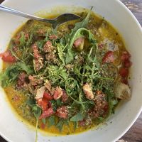 So-called ramen. Buckwheat noodles with mushrooms, veg, and for some reason cold salad on top. Not really broth, more like a thick sauce    at VegANGELov  in Belgrade