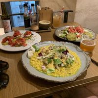 Bruschetta, turmeric risotto & falafel salad  at VegANGELov  in Belgrade