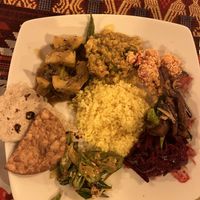 All of the deliciousness. Curries, roti, popadum, Tumeric rice, and aubergine salad    at Priya's Cooking School in Ella