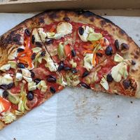 double topping mac nut cheeze, artichoke, peppers, olives (would omit olives next time cuz they compete too much with the cheeze) at Pau Pizza in Waimea