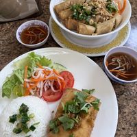 lemongrass tofu and rice noodle with spring rolls. not pictured is the delicious bahn mi and bao we had  at Thuong An lac in Honolulu