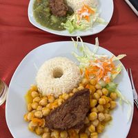 Lunch menu options - chickpeas and carne de soya or eggplant and carne de soya. Also came with soup and dessert (not pictured)  at Salud y Vida in Huaraz