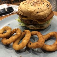 Burger and onion rings  at Refúgio Veg in Rio De Janeiro