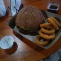 Cheddar burger with onion rings at Refúgio Veg in Rio De Janeiro