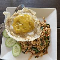 Fried basil tofu with vegan egg  at JaJa's Restaurant Thai Vegan in Koh Phangan