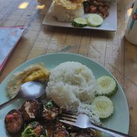 Chili fried 'fish' + pork and omelette at JaJa's Restaurant Thai Vegan in Koh Phangan