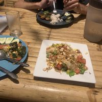 In the back vegan fish, in the front glass noodle salad & Tom yum fried rice  at JaJa's Restaurant Thai Vegan in Koh Phangan