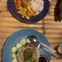 Sweet & sour vegan chicken (top), vegan duck (bottom)  at JaJa's Restaurant Thai Vegan in Koh Phangan