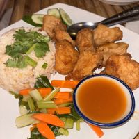 Fried vegan chicken with garlic rice (very boring. No taste of galic at all)   at JaJa's Restaurant Thai Vegan in Koh Phangan